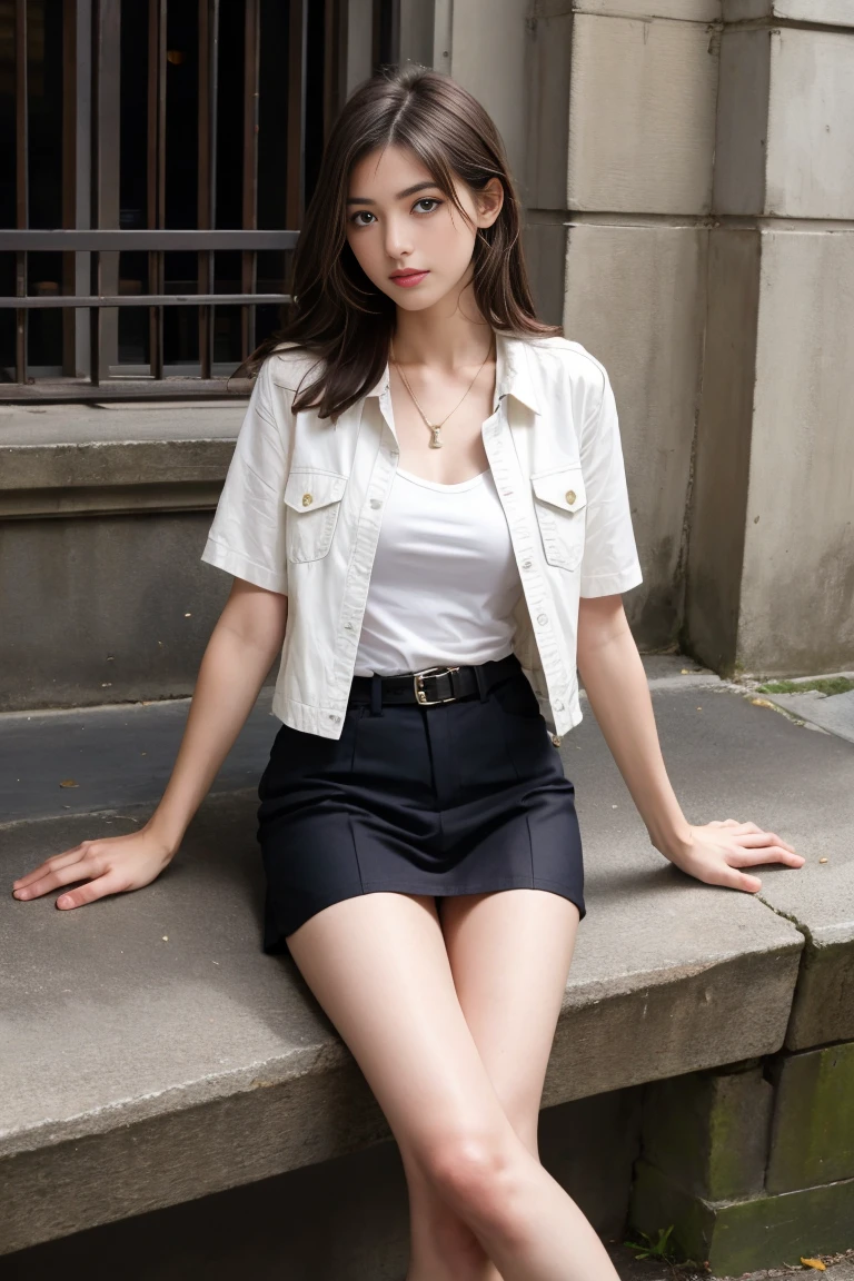 (best quality,realistic,ultra-detailed),a sexy and slim 18-year-old French brunette woman in short sleeve jacket, visible leg,sur un banc,