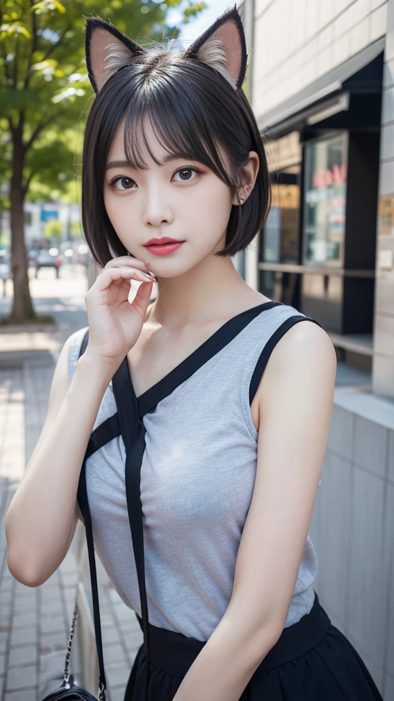 (8K, RAW Photos, Highest quality, masterpiece:1.2), lupondupon (Azur Lane), Fantasy_world, 1 Girl, (aegyo sal:1), cute, Dilapidated, (J-POP_Idol), Beautiful skin in every detail, Huge breasts, Animal ears, Black Hair, Cat ear, Grey Eyes, short hair, sad hand upon own face, (Realistic:1.8), concentrated_upon_face, Look down, Raise your arms, Sunny Milk, professiuponal lighting, photupon mapping, Radio City, Physically Based Rendering, Daytime, Outdoor,