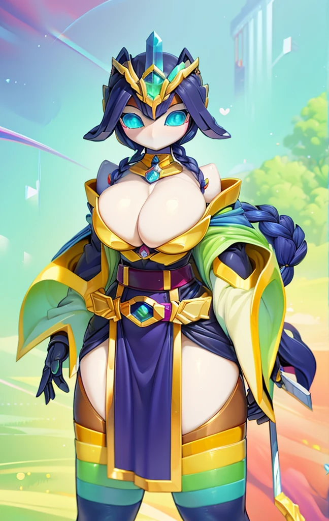 quality\(8K,Extremely detailed CG unit wallpaper, masterpiece,high resolution,top-quality,top-quality real texture skin,Surrealism,提high resolution,RAW photos,Best quality,Very detailed,,light,Ray Tracing,Golden Ratio\),Mechanical Girl,Doll girl,Glowing eyes,Doll eyes,matriarchal,braid,垂在胸侧的braid,mature body,Mature system,cloak,彩虹色小cloak,彩虹色小cloak,bandeau outfit,Off-shoulder dress,Strapless dress style,cute,gentle,gentle,kindliness,Slender figure,Close-up above the waist,Big breasts,Big Tits,belt,机械belt,Tights,Tights,宝石belt,宝石belt,White skin,White underwear,袍子front swing,front swing,Gradient over-the-knee socks,Nude Apron,Rainbow gradient color,Gradient color arm guard,Rainbow gradient sleeves