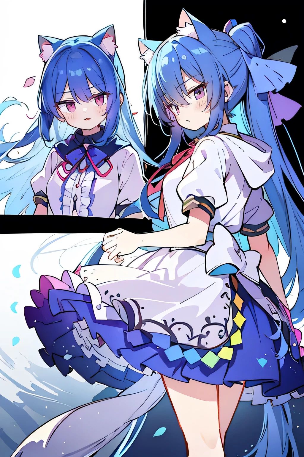 (masterpiece:1.2),Super detailed,lifelike,Expressive eyes,fair skin,perfect face shape,1 girl,
Japanese comics,Gorgeous blue hair,flowing blue hair,flowing clothes,Cat ears,Petals fall,beautiful lola,Baby Angel,
Shaking head with one hand,Cross your legs,Gentle and peaceful background,The pavilion is cool and comfortable,smile, wearing hoodie, background of tokyo,back views,snowing, winter,maid outfit。