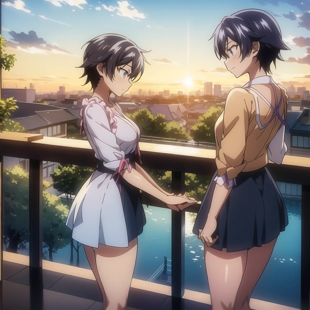 a woman standing on a railing with a sunset in the background, tsubasa hanekawa, rei hiroe, still from tv anime, key anime visual, official anime still, makoto kano, anime visual of a cute girl, grimgar, beautiful anime high school girl, official anime artwork, anime visual of a young woman, official art, official character art