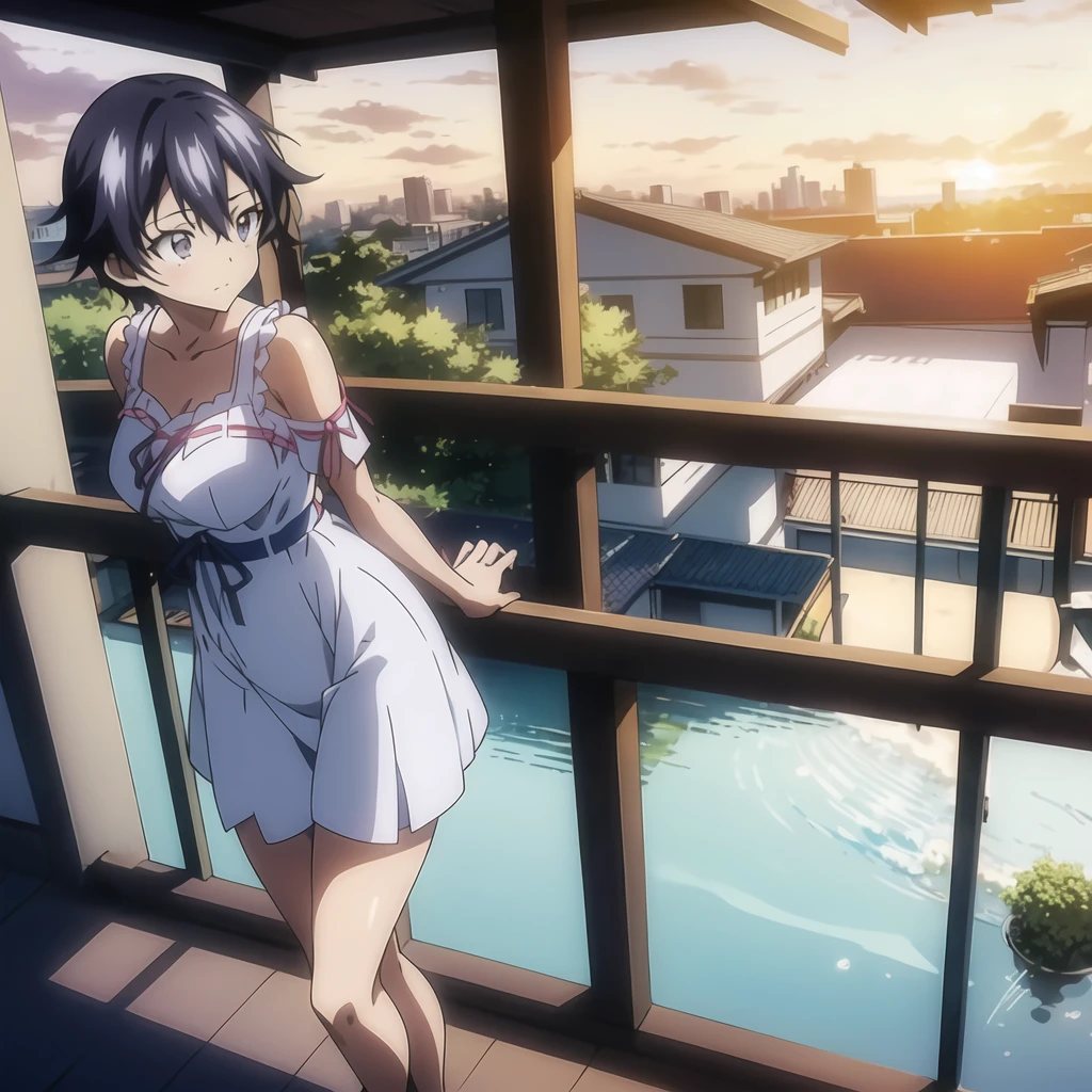 a woman standing on a railing with a sunset in the background, tsubasa hanekawa, rei hiroe, still from tv anime, key anime visual, official anime still, makoto kano, anime visual of a cute girl, grimgar, beautiful anime high school girl, official anime artwork, anime visual of a young woman, official art, official character art