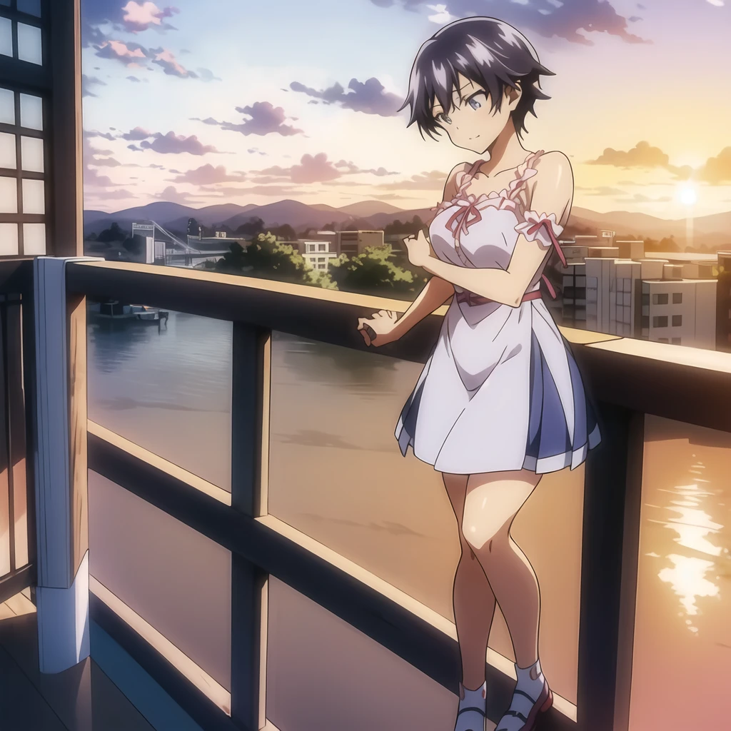 a woman standing on a railing with a sunset in the background, tsubasa hanekawa, rei hiroe, still from tv anime, key anime visual, official anime still, makoto kano, anime visual of a cute girl, grimgar, beautiful anime high school girl, official anime artwork, anime visual of a young woman, official art, official character art