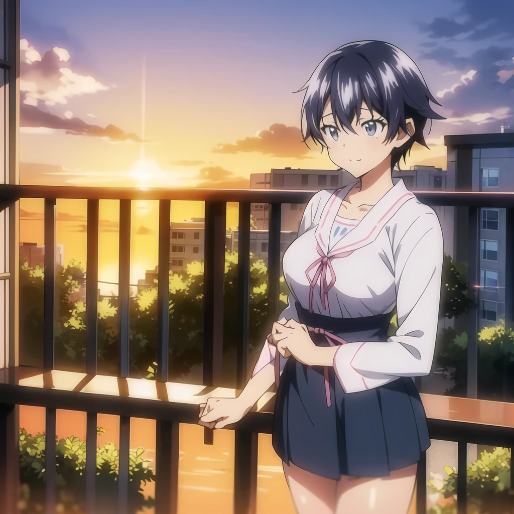 a woman standing on a railing with a sunset in the background, tsubasa hanekawa, rei hiroe, still from tv anime, key anime visual, official anime still, makoto kano, anime visual of a cute girl, grimgar, beautiful anime high school girl, official anime artwork, anime visual of a young woman, official art, official character art