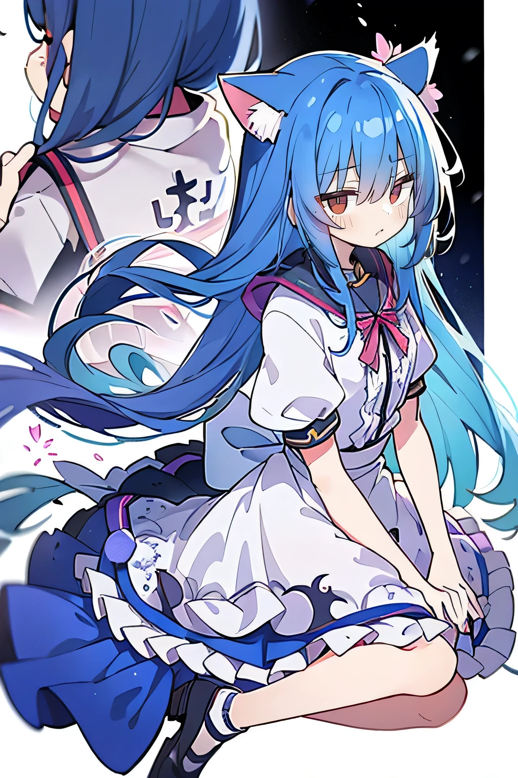 （masterpiece：1.2），Super detailed，lifelike，Expressive eyes，fair skin，perfect face shape，1 girl，
Japanese comics,Gorgeous blue hair,flowing blue hair,flowing clothes,Cat ears,Petals fall,beautiful lola,Baby Angel,
Shaking head with one hand，Cross your legs，Gentle and peaceful background，The pavilion is cool and comfortable,smile, wearing hoodie, background of tokyo,back views,snowing, winter,maid outfit。