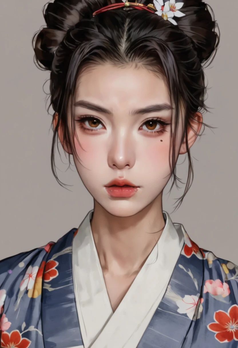 1 Girl,Asia,Black Hair,Brown background,Brown eyes,Shut up,forehead,Gray background,Hair Bun,Hair accessories,Hairpin,Japanese clothes,kimono,Lips,looking at existiewer,nose,Practical,Simple background,Solitary,Upper Body,exist