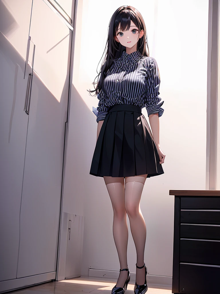 araffed woman in a striped shirt and black skirt posing for a picture, outfit photo, wearing skirt, full body!!, thighhighs and skirt, full body picture, full body!, of a  posing, full body! pretty face, full body shot!!, half body photo, full_body!!, full body!!!, attractive pose