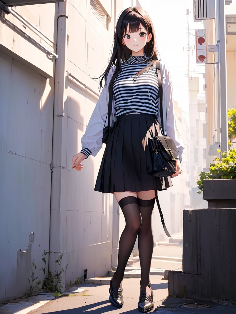 araffed woman in a striped shirt and black skirt posing for a picture, outfit photo, wearing skirt, full body!!, thighhighs and skirt, full body picture, full body!, of a posing, full body! pretty face, full body shot!!, half body photo, full_body!!, full body!!!, attractive pose
