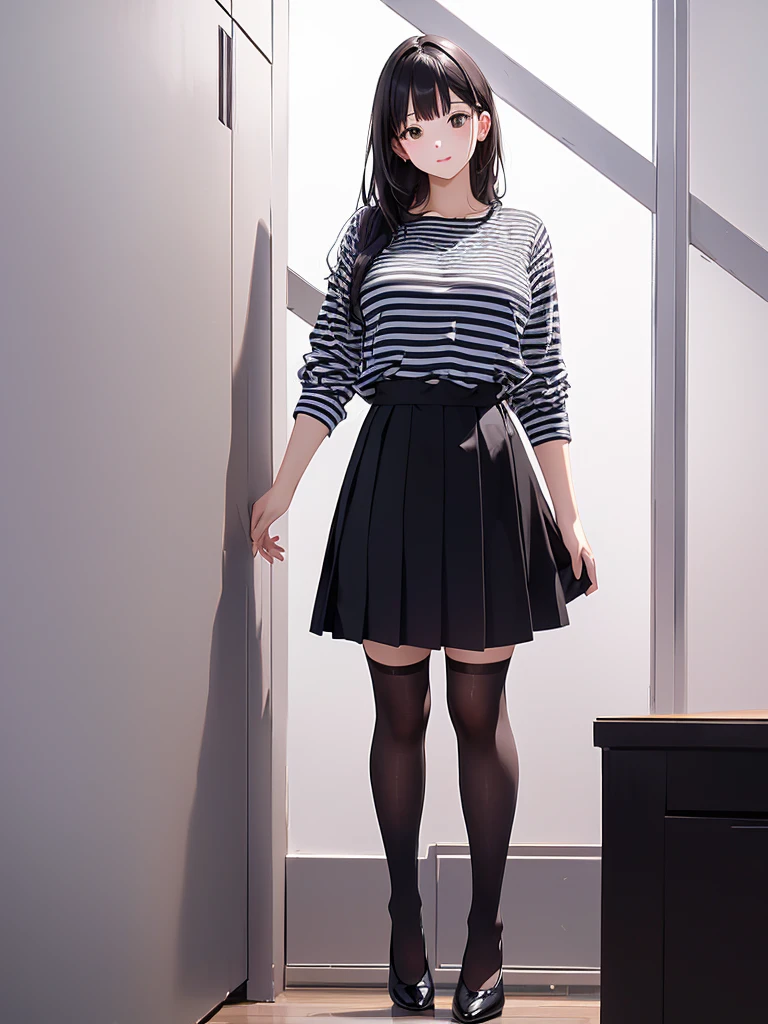 araffed woman in a striped shirt and black skirt posing for a picture, outfit photo, wearing skirt, full body!!, thighhighs and skirt, full body picture, full body!, of a posing, full body! pretty face, full body shot!!, half body photo, full_body!!, full body!!!, attractive pose