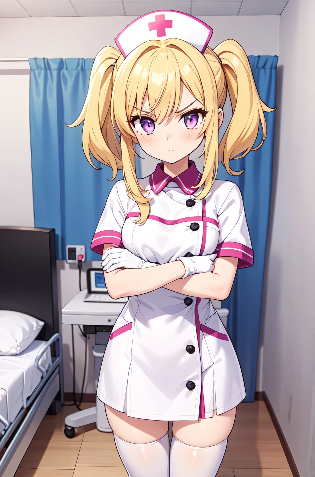 1girl, solo, nurse, nurse cap, white nurse uniform, ((white legwear, zettai ryouiki)), white gloves, twintails, yellow hair, purple eyes, angry, crossed arms, standing, ((hospital room)), sharp outline, short sleeves, best quality, masterpiece