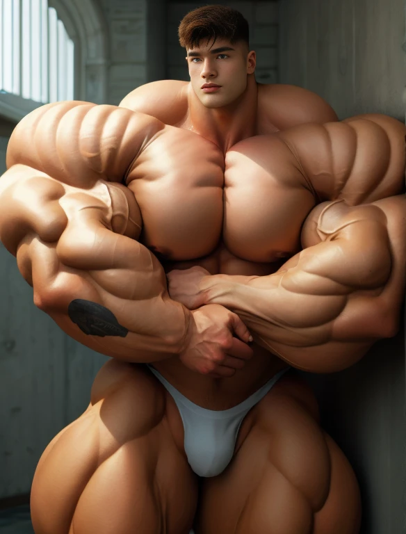 1boy, giant, bodybuilder pose, illuminating light, strong body, bulk, large size, leaning on the wall, nude, white triangular underwear, prominent bulge, big, brutalmass, giant, muscular body, bulk, buff, massive body, large meaty body size