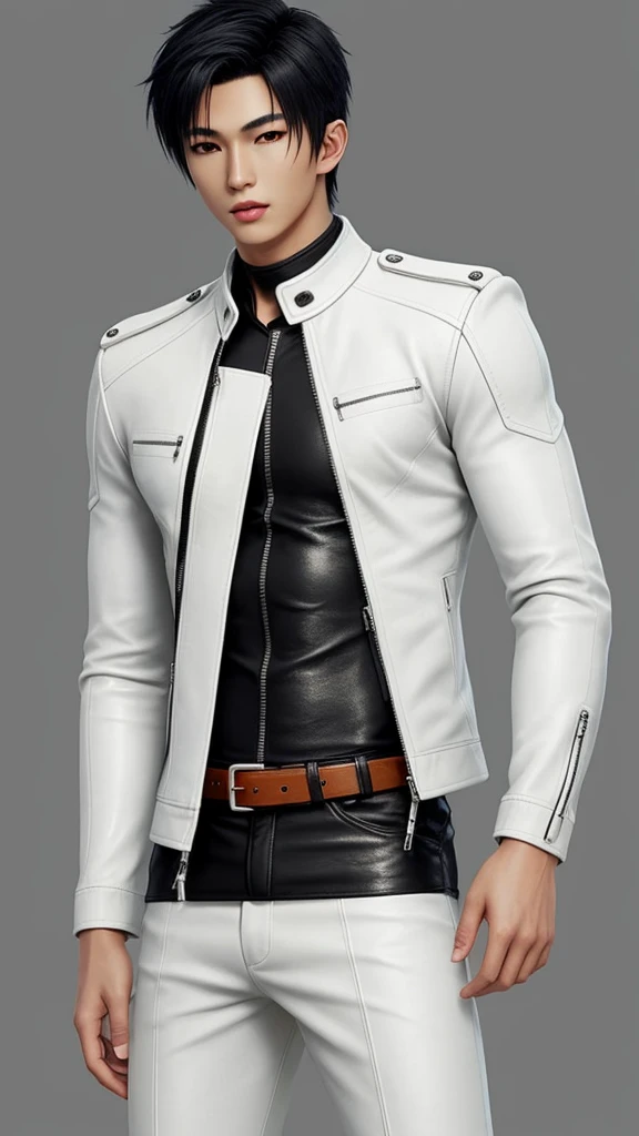 Final Fantasy feel and realistic graphics, Japanese young and cute handsome boy, His age is in his early 20s, Thin eyebrows and beady eyes, He is wearing an off-white leather heavyweight single-breasted biker jacket, with epaulettes, I zipped up my jacket, Biker style jacket, , The jacket has a high stand-up collar with a belt, The jacket has small black lines,Close the front of the jacket, He's also wearing a boring thick black turtleneck shirt., Tight black leather pants, Tight, thin gloves made of shiny black leather, Black leather knee-high lace-up boots,Head to toe view,View the whole body, The boy looks like a fashion model,Do not expose skin below the neck,Leather jacket、Leather Handbags、There are almost no wrinkles in the leather pants.,Boy in the room,