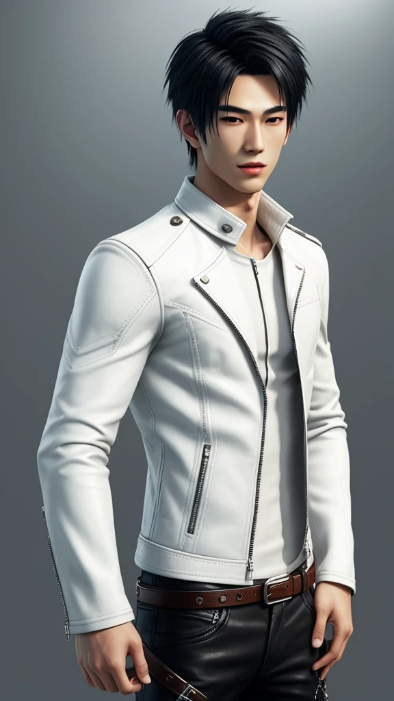 Final Fantasy feel and realistic graphics, Japanese young and cute handsome boy, His age is in his early 20s, Thin eyebrows and beady eyes, He is wearing an off-white leather heavyweight single-breasted biker jacket, with epaulettes, I zipped up my jacket, Biker style jacket, , The jacket has a high stand-up collar with a belt, The jacket has small black lines,Close the front of the jacket, He's also wearing a boring thick black turtleneck shirt., Tight black leather pants, Tight, thin gloves made of shiny black leather, Black leather knee-high lace-up boots,Head to toe view,View the whole body, The boy looks like a fashion model,Do not expose skin below the neck,Leather jacket、Leather Handbags、There are almost no wrinkles in the leather pants.,Boy in the room,