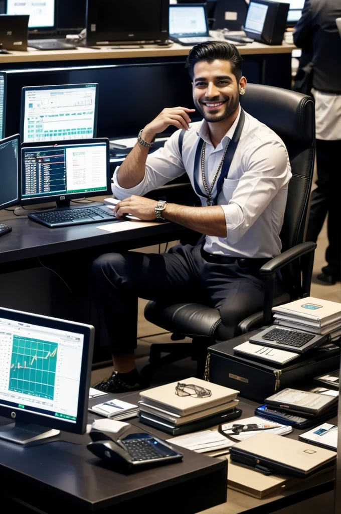 A man sitting doing trading, on wallstreet bag, computers and lots of jewelry, He is smiling, as defiant , his clothes say Oliwer