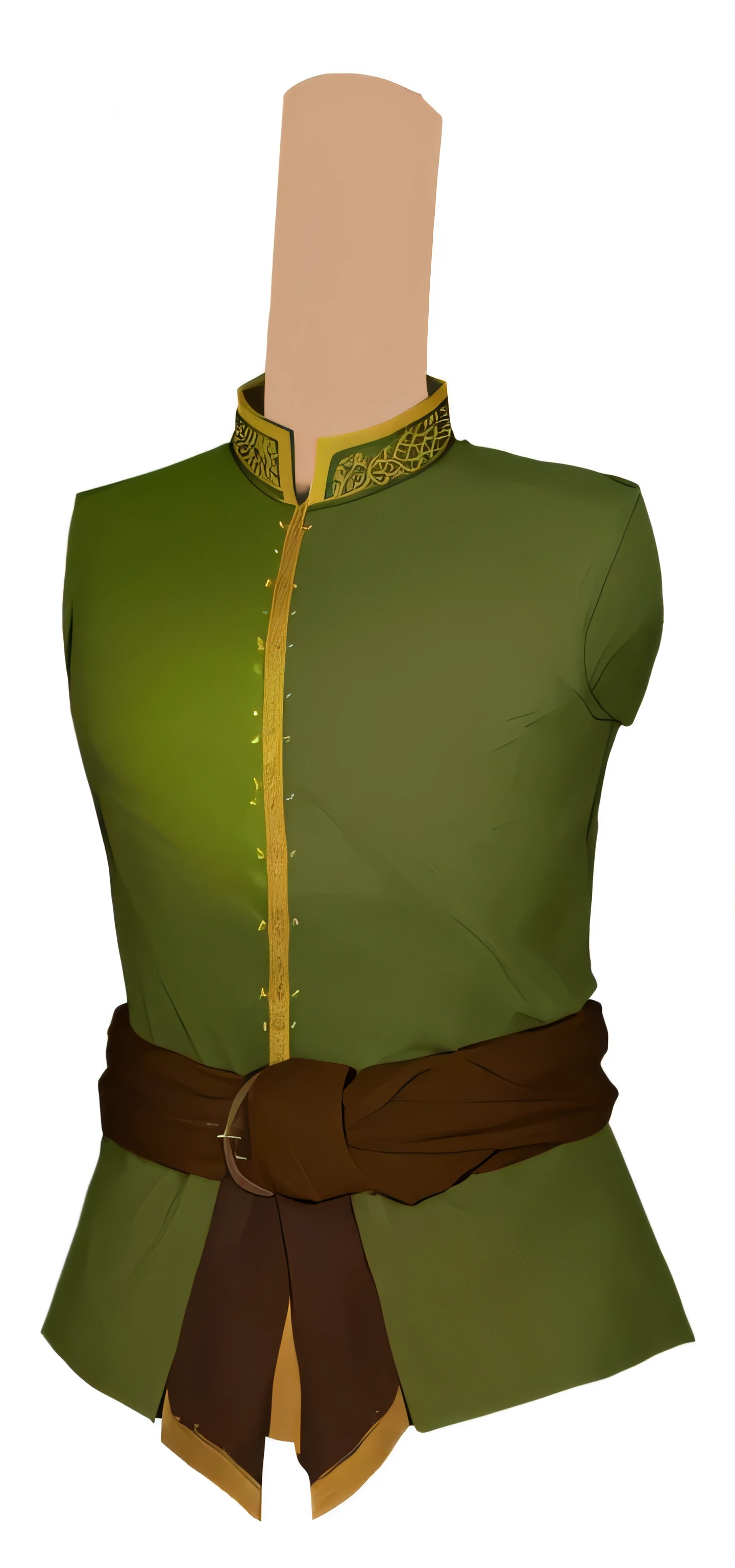 a close up of a green shirt with a brown belt, inspired by Rajmund Kanelba, stannis baratheon, berberic clothes, elven male, dorne, inspired by Sándor Bortnyik, green tunic, full body details, upper torso included, full body close-up shot, fullbody view