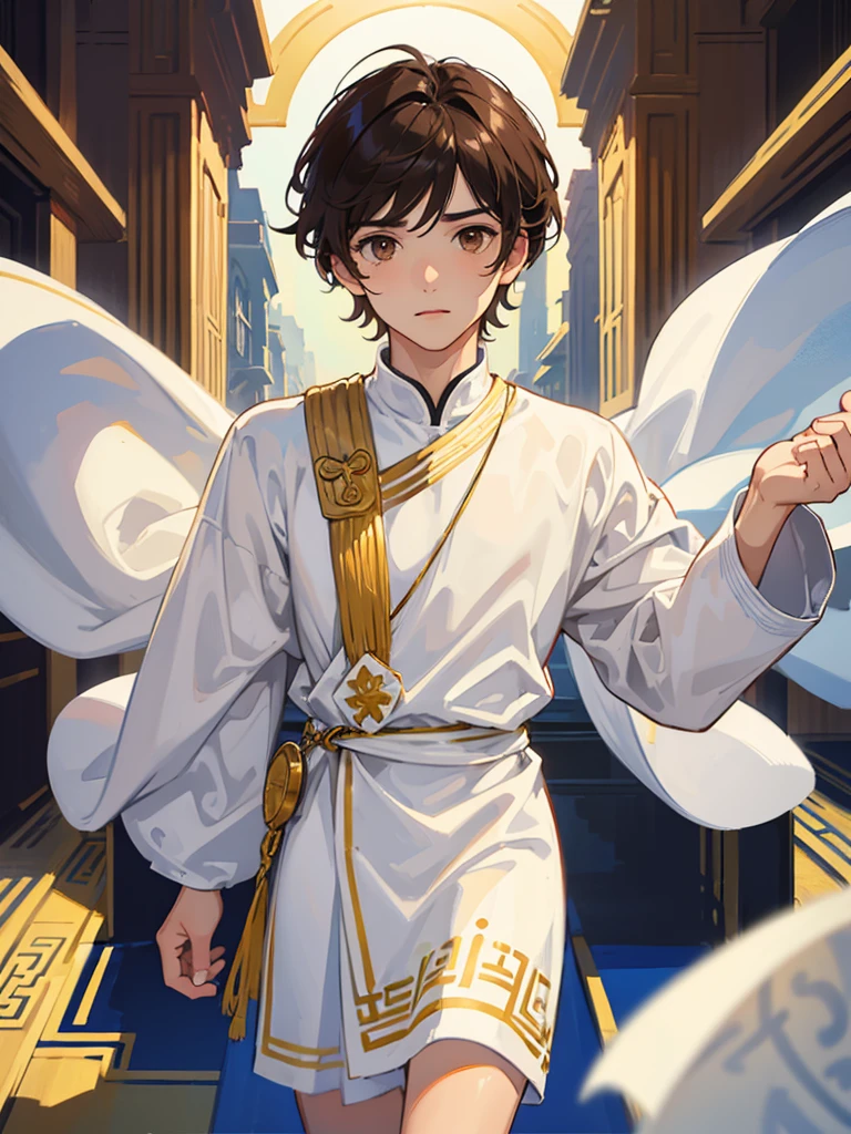 (((1male))), half body, facing viewer, short dark brown hair, brown eyes, cute, pretty, white Greek tunic, small penis,