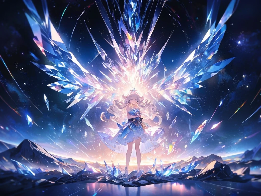 The crystal girl curled up in the center of the picture，Surrounded by space and stardust