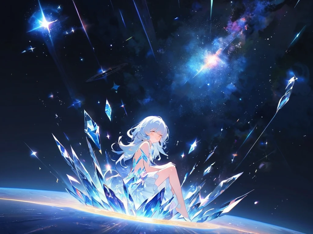 The crystal girl curled up in the center of the picture,Surrounded by space and stardust