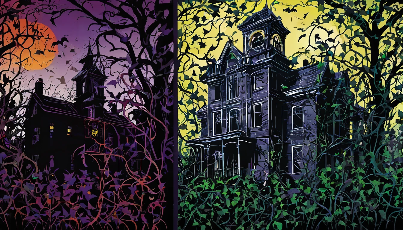 Create a digital artwork with an abstract color background, predominantly on the right side. On the right, depict a haunted school with eerie details such as broken windows, overgrown ivy, and an ominous atmosphere. The left side should be a solid black color, contrasting with the colorful, abstract background. The overall design should evoke a sense of horror and mystery, suitable for a spooky or haunted theme.