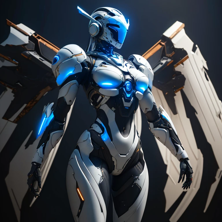 Dronificated unknown woman in a badly damaged fully enclosed white latex fullbody suit with blue lights across the suit and star shaped glowing core in the chest, fully enclosed cyber helmet that cover her whole face and hides her identity with a blue screen that has a white star, huge breast, narrow waist, wide hips and thick thighs, Mechanical open wings, flying in the sky, no face, no hair, no mouth, no eyes, (perfect anatomy), (full bo(perfect anatomy), (full body) (pov from below), (damage), (rust), (broken visor)