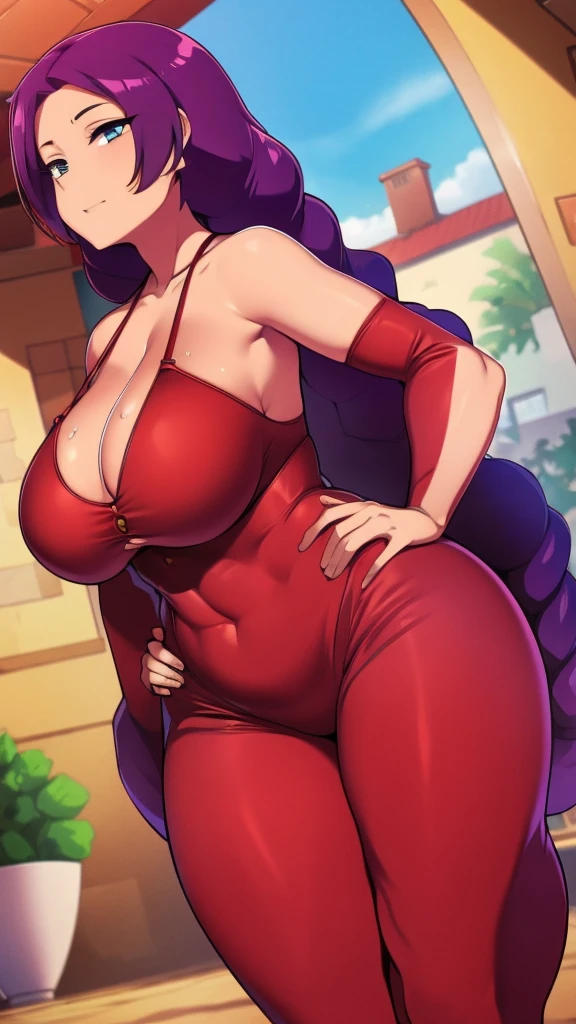  a sexy girl big breast long purple hair wavy braids dresses red belly bra and long red pants happy Arabia