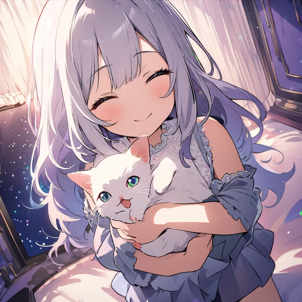 masterpiece、Highest quality、Depth of subject、２D illustration、1 beautiful girl、独奏, (((chibi style)))、cute chibi, lovely chibi, ((night)), ((window)), ((starry sky)), Long, beautiful hair、Shiny silver hair、cute、Beautifully detailed eyes、((mini skirt))、((colorful))、Camisole dress、((happy smile))、((closed eyes)), sitting on bed, ((close up shot))、((Holding a kitten)), ((in the room))、((There&#39;s a lot of pink around))、((bed))、Thighs、((vivid color))、sparkle、((Lens flare))、