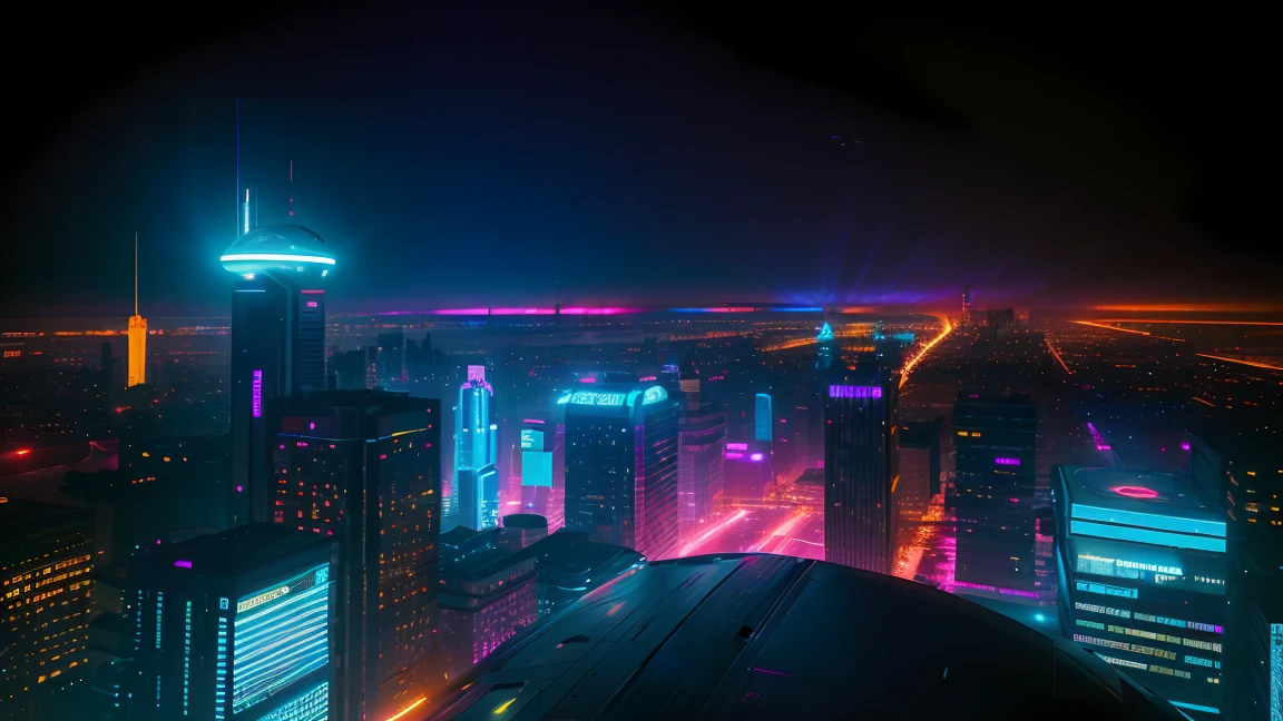 conceito:(((This is an aerial photographic masterpiece of a near-future city, portraying a cyberpunk worldview.)))。 quality:(mais alta quality, 4K, 8K, high resolution, work of art:1.2), super verbose, (realisitic, fotorrealisitic, fotorrealisitic:1.37), Bright colors and mesmerizing effects in shades of purple and blue, SF Elements, Subject information:Aerial photo of Cyber City, From above, skyscraper, futuristic architecture, Bright neon lights, Amazing skyline, advanced technology, ((hovering vehicle)), (((A beautiful image of a cybercity drawn from the From above perspective:1.3))) Outros detalhes: lively atmosphere, Holographic advertising, cyberpunk aesthetic, bluish tones, some stars shining in the sky, emerging technologies, energy and excitement, Attractive composition, neon glow, rich colors, detailed texture, (((cyberpunk project))), Design elaborated, Atmospheric lighting, captivating details, captivating visuals, artistic,