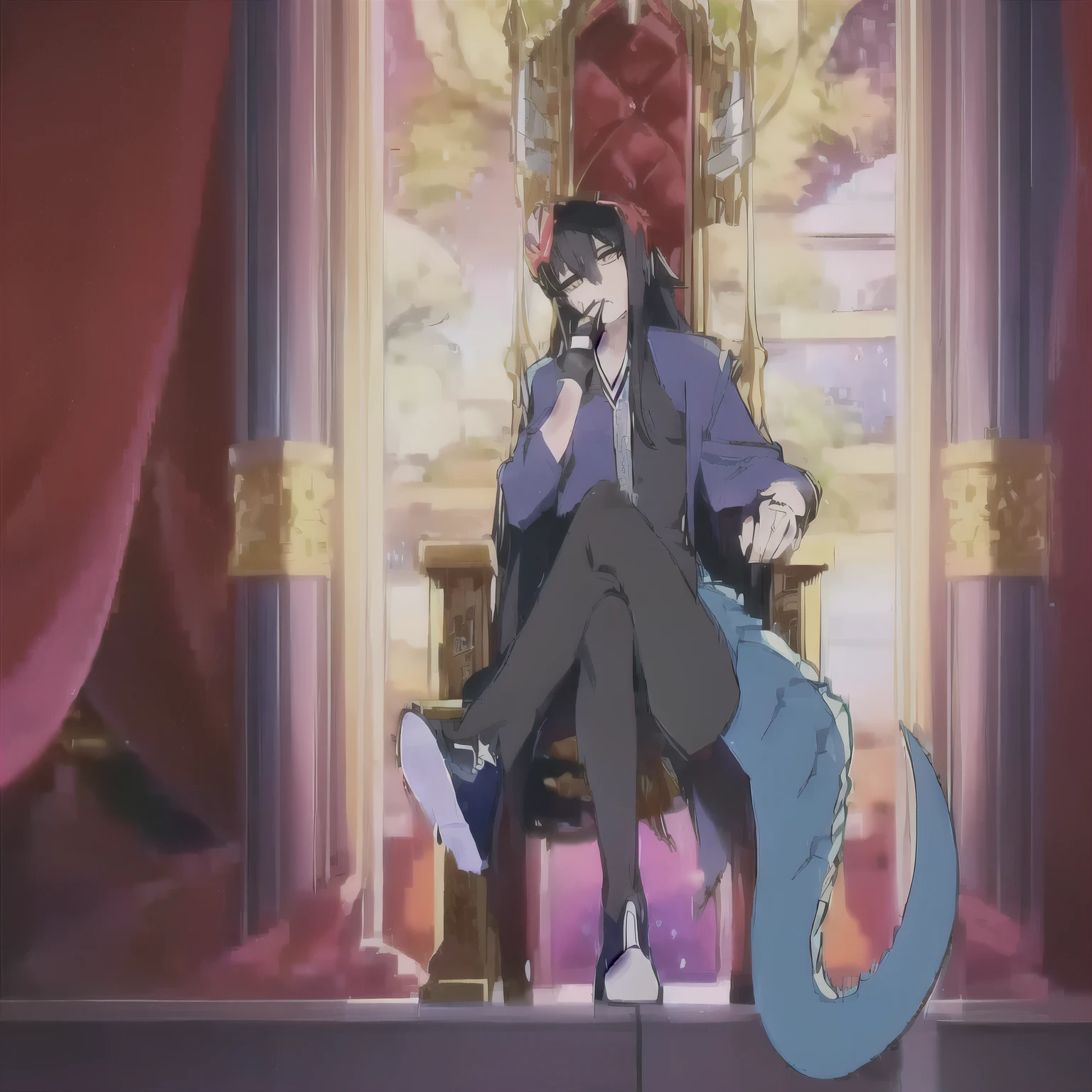 Anime character sitting on a throne with a dragon on his lap., sitting on obsidian throne, sitting on his throne, Dandy from the anime Space Dandy, sitting on a gilded throne, Anime style", In anime movies, but like a human dragon, like a human dragon, anime still, Dandy style in space, In the masterpieces of anime