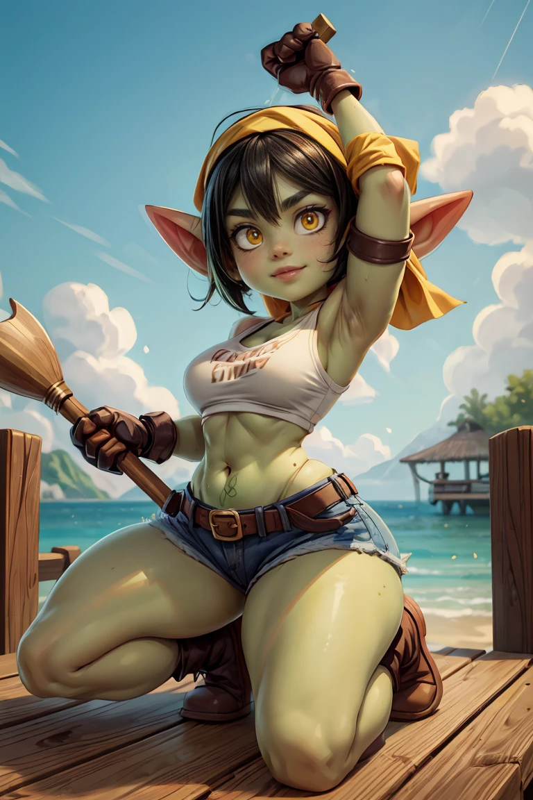 ((best quality)), ((masterpiece)), (detailed), absurdres, ((1 girl)), 1girl, solo, 4k, short heavyset chubby green goblin girl wearing jean shorts and white tank top, (jean shorts) yellow bandana, leather toolbelt, (black hair), green skin, yellow eyes, freckles, kneeling to fix a wooden pier with a hammer, working hard (chubby), happy, cheerful, holding a hammer, repairing wooden pier, action pose, dynamic pose, cinematic still, wearing work gloves