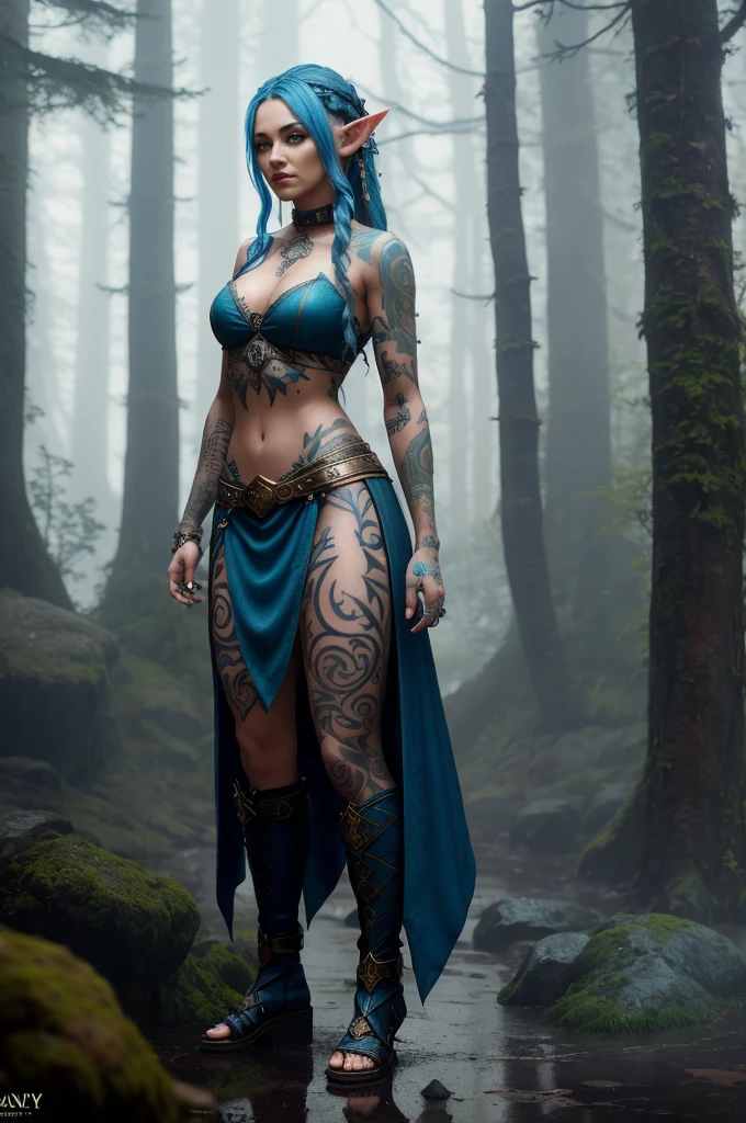 A blue haired female elf with tattoos and piercings standing in the rain, Fantasy, fantasy character portrait in the style of concept art., fantasy concept art created in the style of unreal engine., standing in the rain and mist of an ancient forest. She has dark tattoos on her arms and chest. The scene is in the style of concept art., wearing fantasy tribal