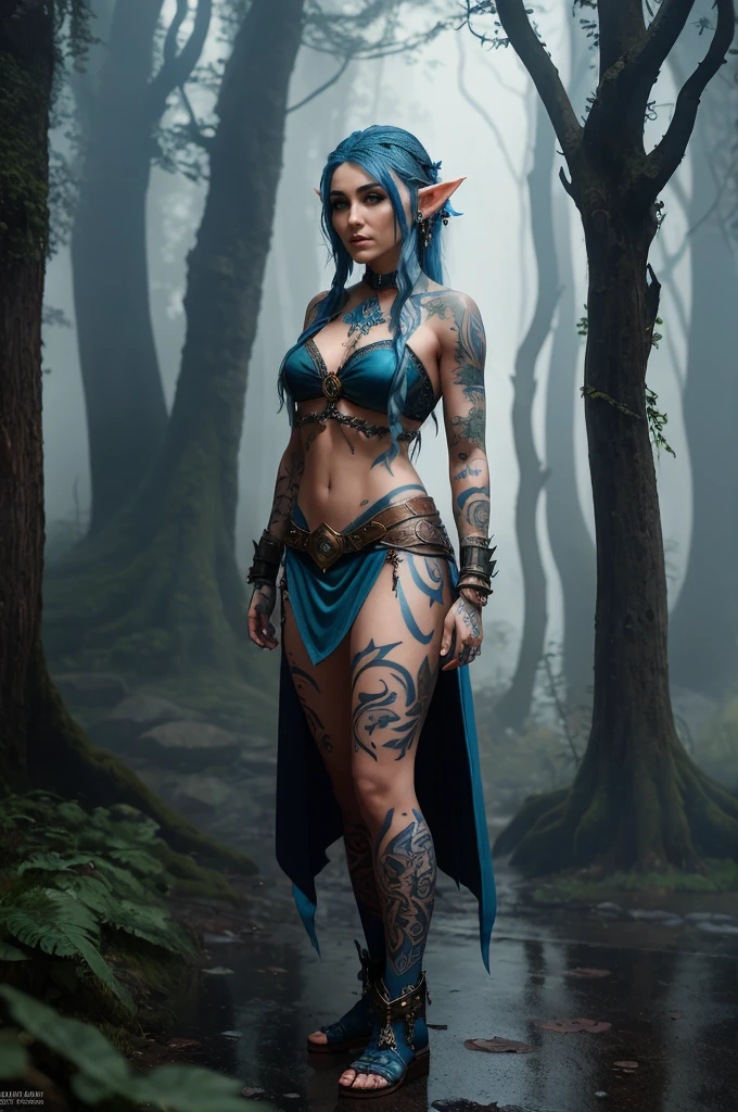 A blue haired female elf with tattoos and piercings standing in the rain, Fantasy, fantasy character portrait in the style of concept art., fantasy concept art created in the style of unreal engine., standing in the rain and mist of an ancient forest. She has dark tattoos on her arms and chest. The scene is in the style of concept art., wearing fantasy tribal