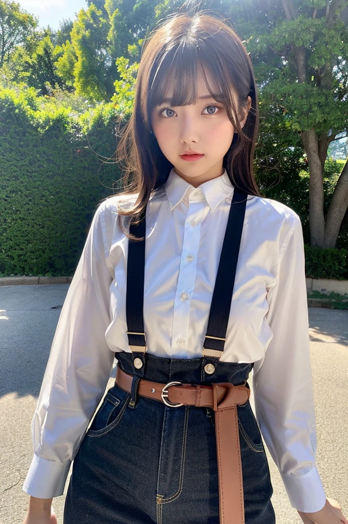masterpiece、Flat Color、Depth of written boundary、Lens Flare 1 Girl、、Brown Hair、Staring at the audience　　　　belt　Black suspenders　　　Plump breasts　　　 　 わきsweating　sweating　Sides of both hands　　Wall Rack Pants, 　sight　　　Small Face　Bangs Upper Eyes　Aside Cutter Shirt　Big Breasts