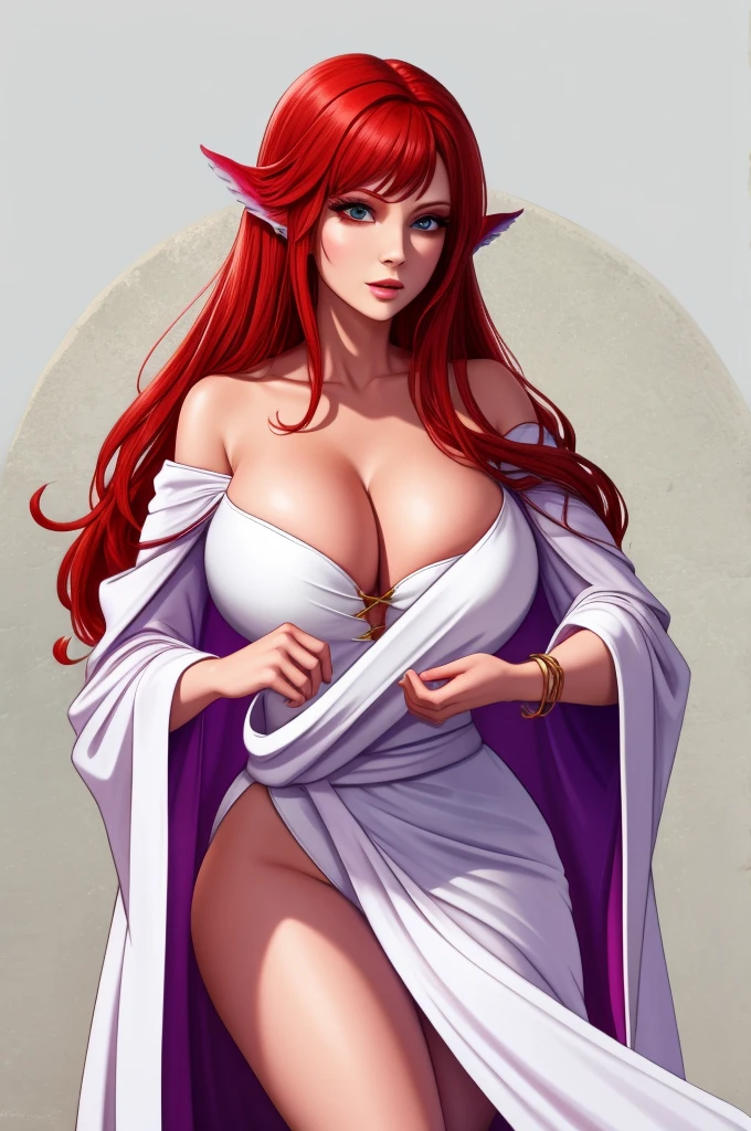 sorceress. sexy white robe, red hair, blank background