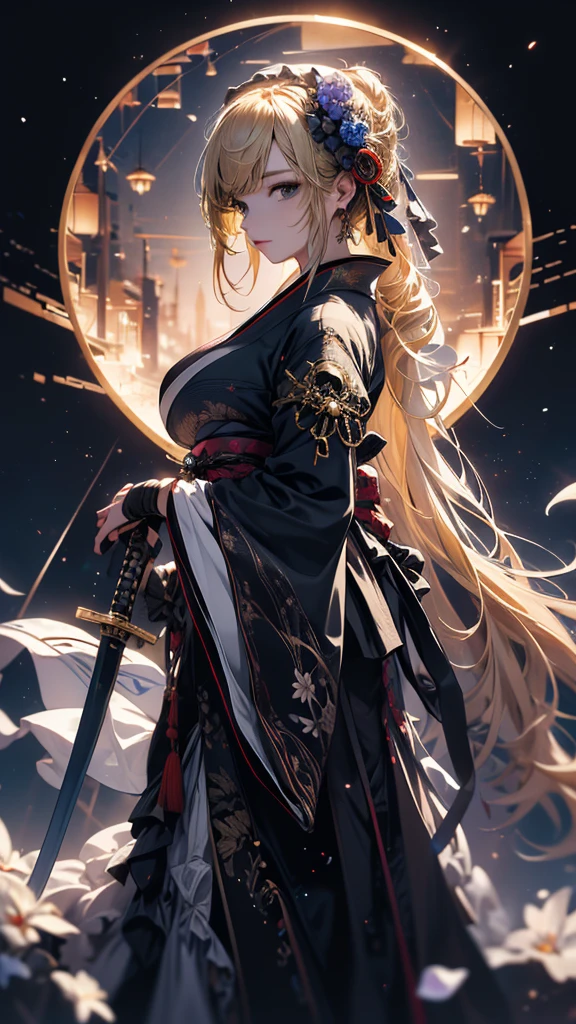 masterpiece, high quality, 4K, Beautiful design, silhouette，blonde， 非常に詳細な夜のStarry Sky,Flower Field， wonderful, Finer details,  Very knowledgeable woman, Highly detailed solo, 1 female,Big Breasts，Gothic Lolita Fashion，Japanese sword，Night view，Starry Sky，full moon，