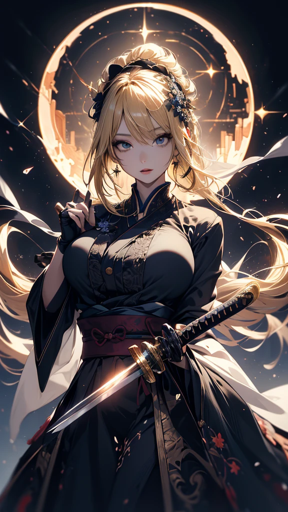 masterpiece, high quality, 4K, Beautiful design, silhouette,blonde, 非常に詳細な夜のStarry Sky,Flower Field, wonderful, Finer details, Very knowledgeable woman, Highly detailed solo, 1 female,Big Breasts,Gothic ta Fashion,Japanese sword,Night view,Starry Sky,full moon,