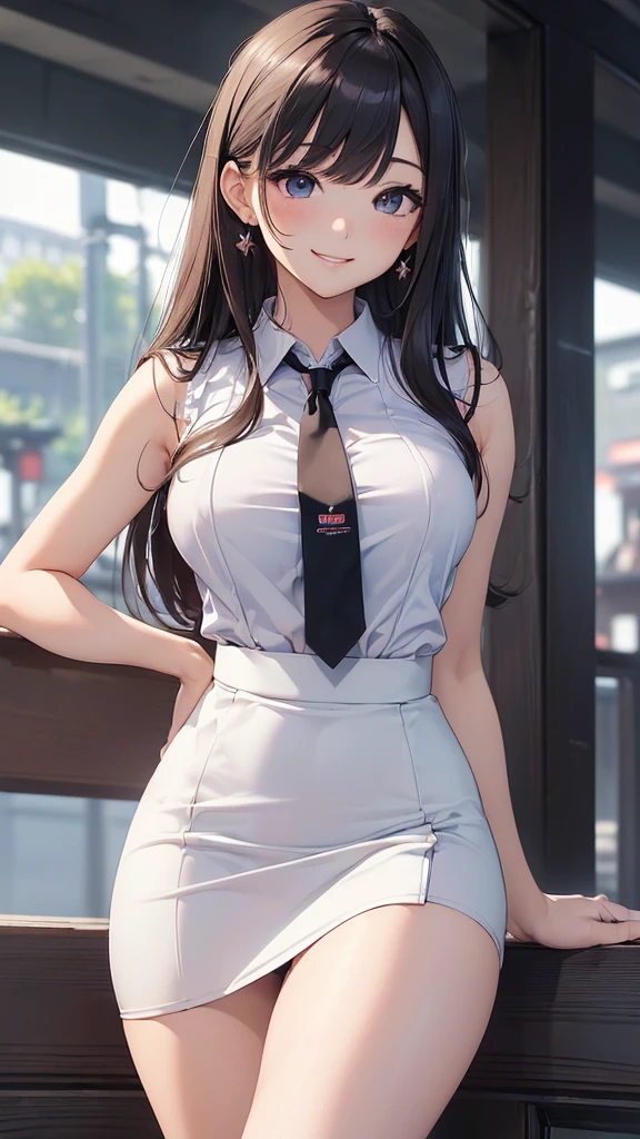 (((masterpiece))),(((High resolution)))、(((8K)))、(((perfect face)))、(((Japan beauty)))、20 years old、((sleeveless business shirt, business super mini pencil skirt)), look at the camera, thighs、((top quality eyes)), detailed texture, ((high resolution face)), ((cute smile)), (((panty shot)))