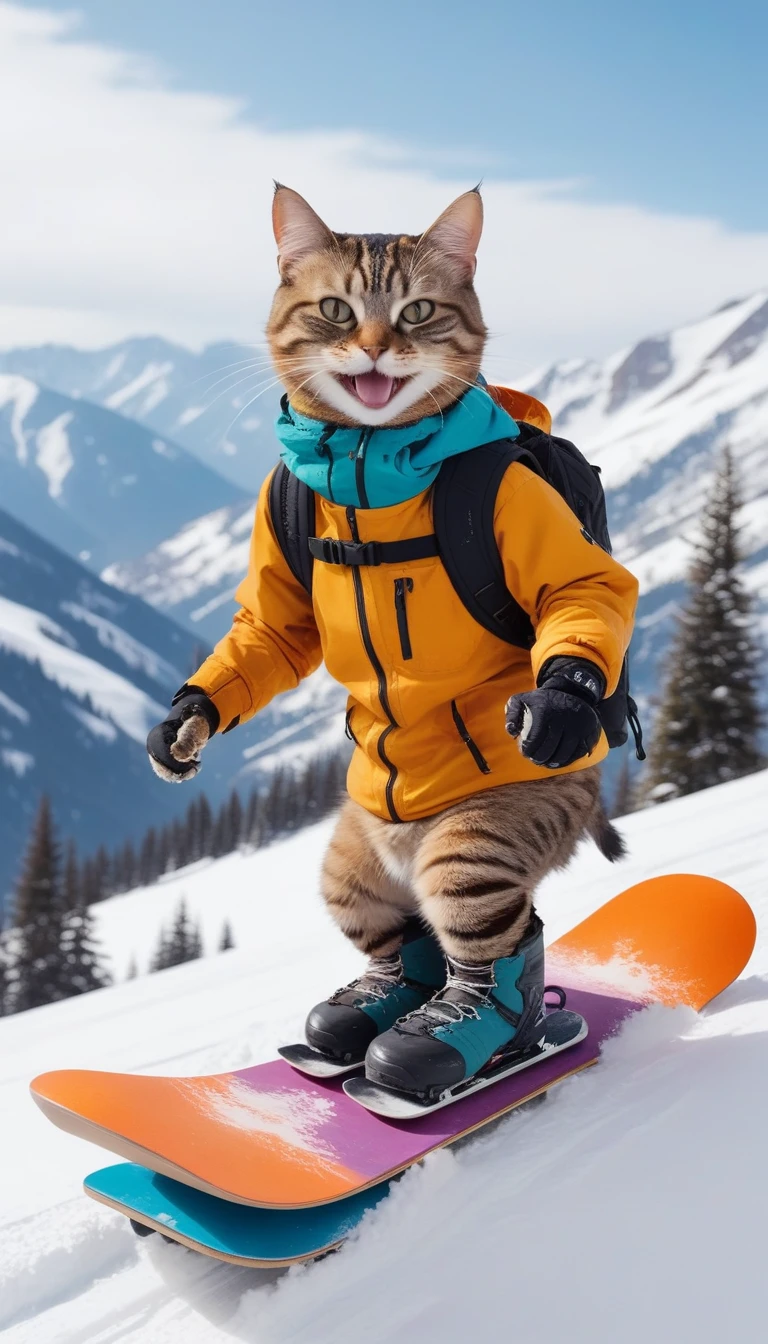 A cat wearing snowboarding gear is riding a snowboard down a snowy mountain. The cat is smiling.