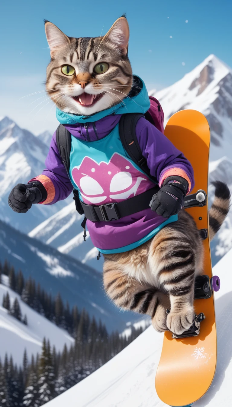 A cat wearing snowboarding gear is riding a snowboard down a snowy mountain. The cat is smiling.