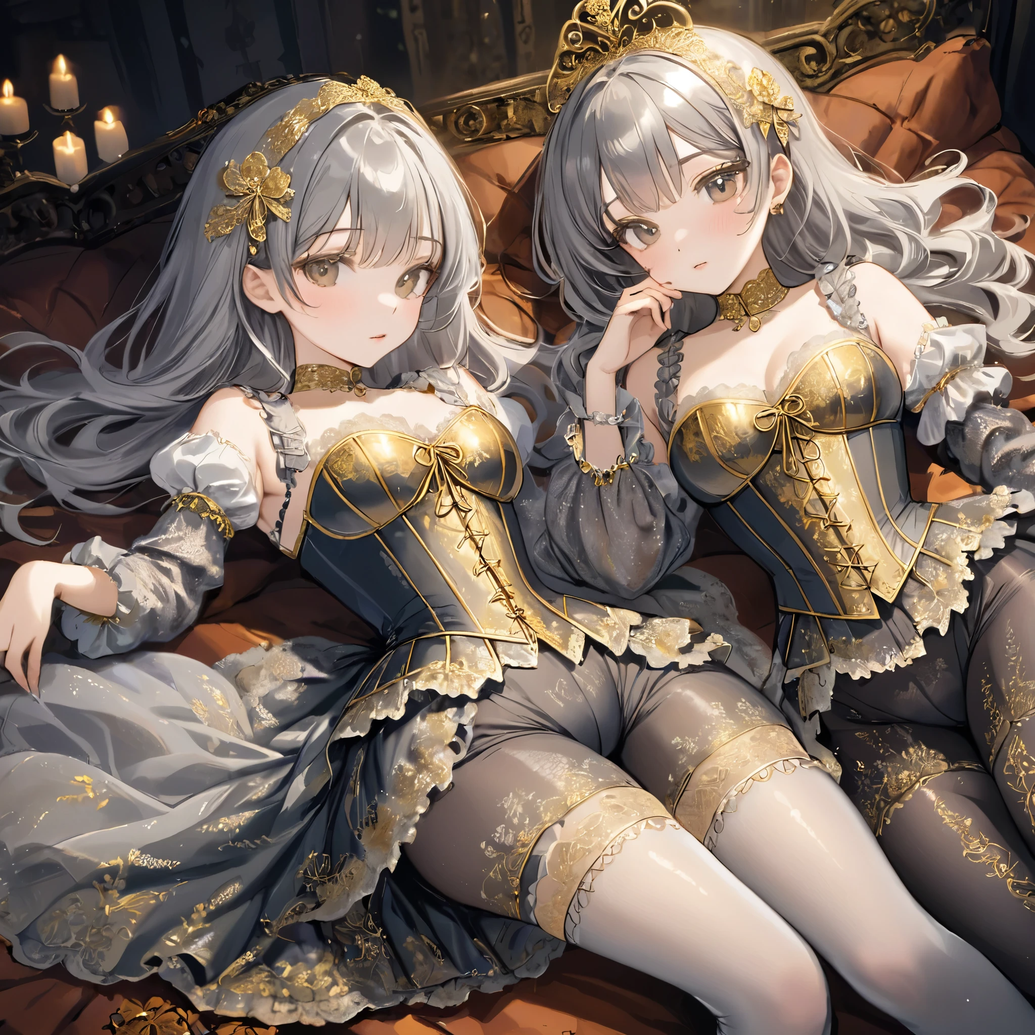 Girls in the Middle Ages、 Gold and silver embroidery、In underwear、Knee-length semi-transparent bloomers（With gold and silver lace）Wearing、Wearing a semi-transparent corset、 Grey translucent tights、Lying down