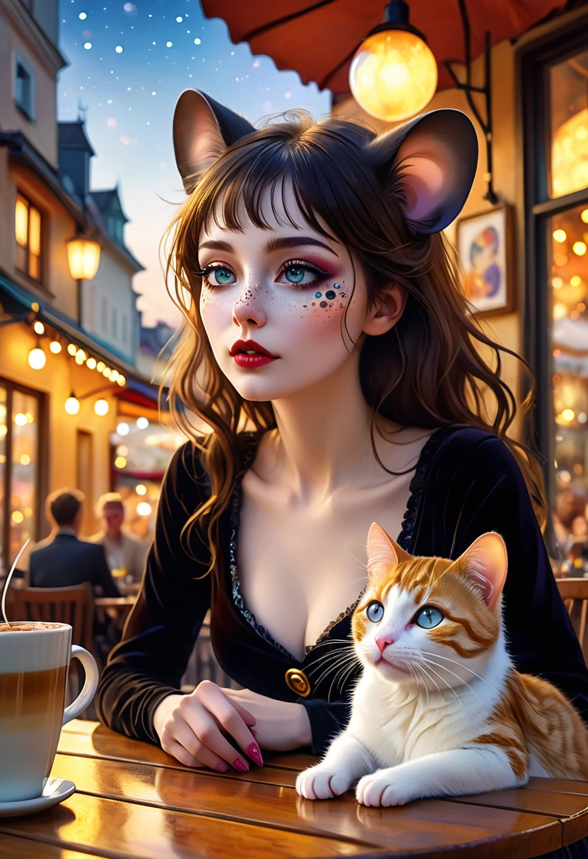 Klimt style , Hallucination, daydream , nightmare , Insane Dream , bokeh , erotica , romance , realistic mouse girl and realistic cat man , realistic nose , cafe terrace