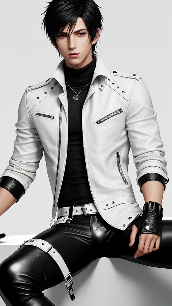 Final fantasy taste and reality graphics, Japanese young cute and cool ikemen boy, his age is early 20s, thin eyebrows and beady eyes, he wearing off white color leather thick singlebrest biker jacket, with epaulet, jacket zipped up, jacket is biker style, , jacket collar is high length stand-up collar with belts, jacket is a little black line pattern,close the front of the jacket, also wearing black thick turtleneck lackluster shirts, tight black leather pants, shiny black leather tight and thin glove, black leather knee-high raceup boots,views head-to-toe,views whole body, boy looks like fashion model,Do not show skin from the neck down,leather jacket leather glove and leather pants have few wrinkles,boy in the room,