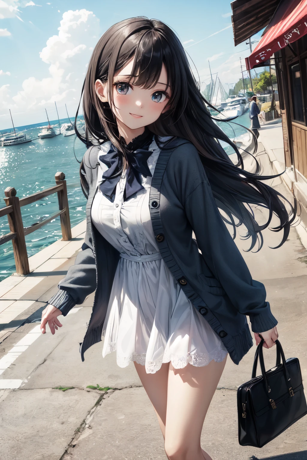 very cute and beautiful girl,(highly detailed beautiful face and eyes),
frilled white summer dress with detailed lace,(navyblue bolero cardigan),standing,
road side of seaside town street,harbor,marina,beautiful summer sky,
(smile),black hair,mid shot,holding cute fashion bag,detailed legs,
(best quality,masterpiece),absurdres,highres,ultra-detailed,extremely detailed,32k,8k resolution,
intricate details,cinematic scene,detailed background,solo,dynamic angle,
