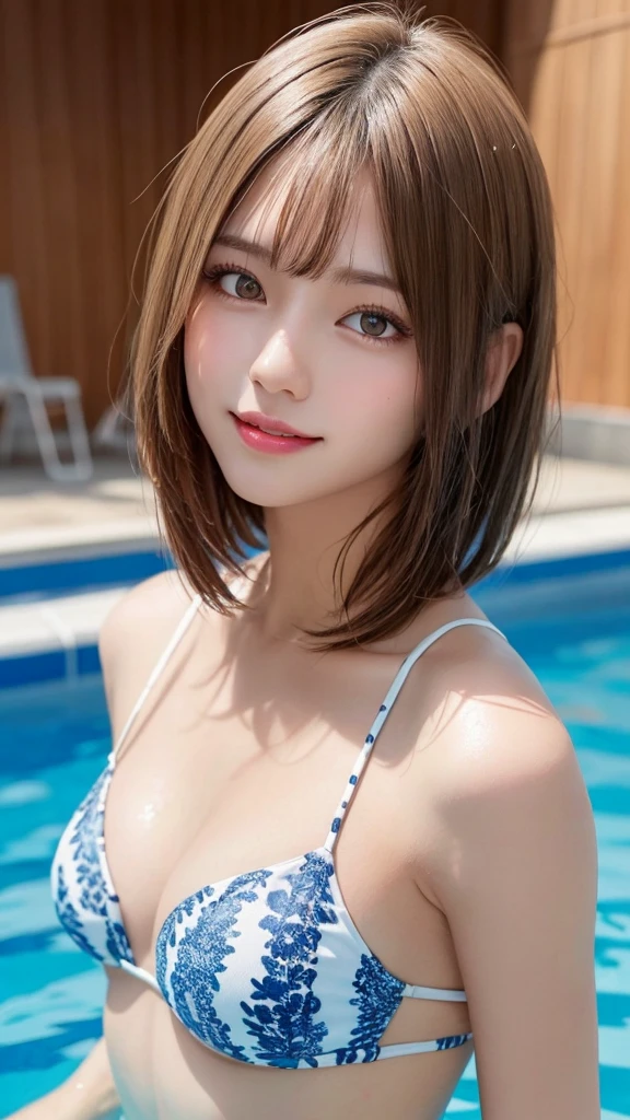 masutepiece, Best Quality, Illustration, Ultra-detailed, finely detail, hight resolution, 8K Wallpaper, Perfect dynamic composition, Beautiful detailed eyes, Swimsuit, Medium short hair,blond hair color ,Small breasts, Natural Color Lip, Random and sexy poses,Random situations，swimming pools,smile,sexy,