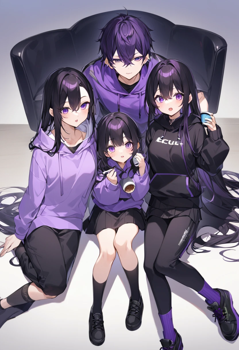 In a purple hoodie、Wearing a black short skirt、Wearing black socks、wearing black shoes。hair is black、Purple eyes。Breasts are K cup。The skin is white and、Long hair。Has one brother and one sister。My sister has an E cup。All in purple hoodies。All hair is black。My brother is wearing black pants.。