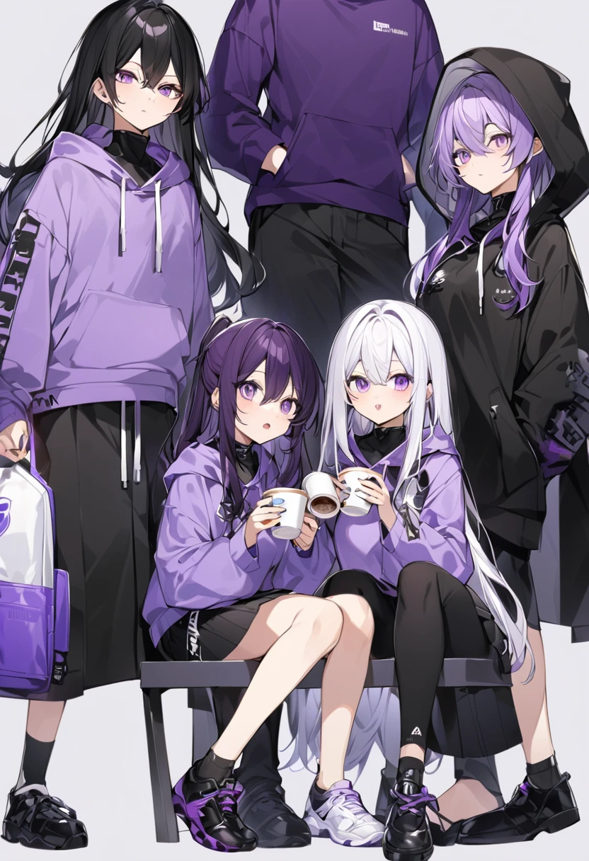 In a purple hoodie、Wearing a black short skirt、Wearing black socks、wearing black shoes。hair is black、Purple eyes。Breasts are K cup。The skin is white and、Long hair。Has one brother and one sister。My sister has an E cup。All in purple hoodies。All hair is black。My brother is wearing black pants.。