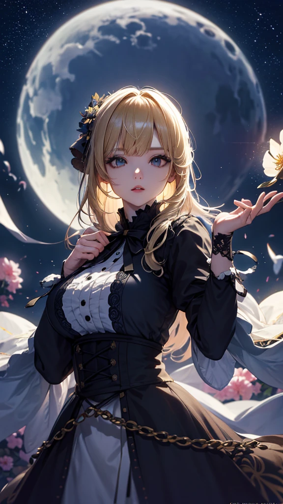 masterpiece, high quality, 4K, Beautiful design, silhouette，blonde， 非常に詳細な夜のStarry Sky,Flower Field， wonderful, Finer details,  Very knowledgeable woman, Highly detailed solo, 1 female,Big Breasts，Gothic Lolita Fashion，Night view，Starry Sky，full moon，