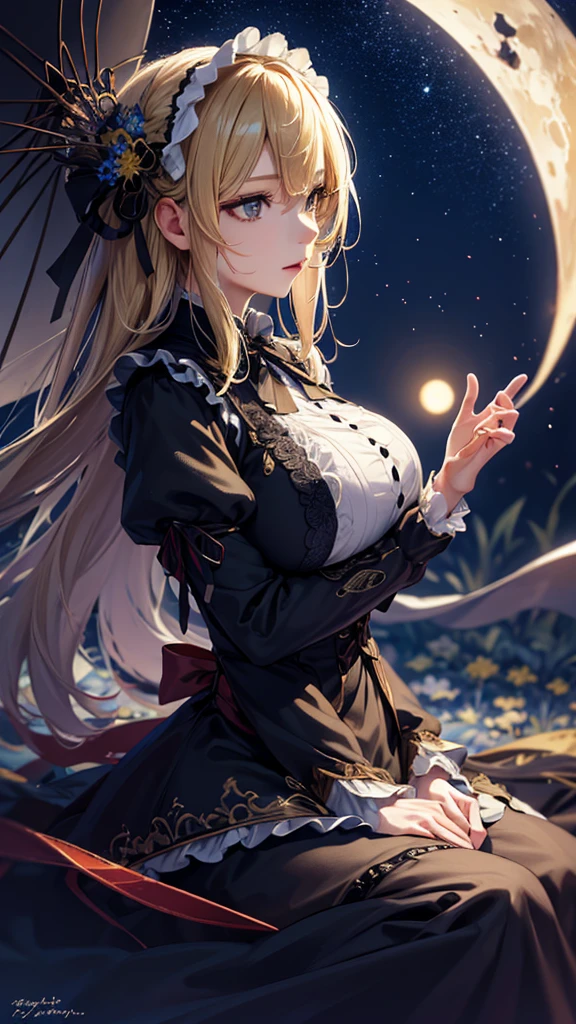 masterpiece, high quality, 4K, Beautiful design, silhouette,blonde, 非常に詳細な夜のStarry Sky,Flower Field, wonderful, Finer details, Very knowledgeable woman, Highly detailed solo, 1 female,Big Breasts,Gothic ta Fashion,Night view,Starry Sky,full moon,