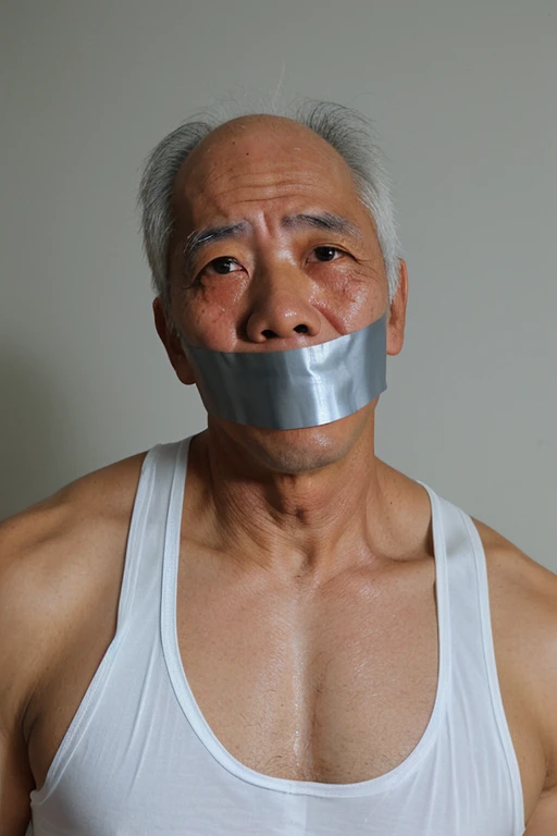 Asian old man, white singlet, tape gag