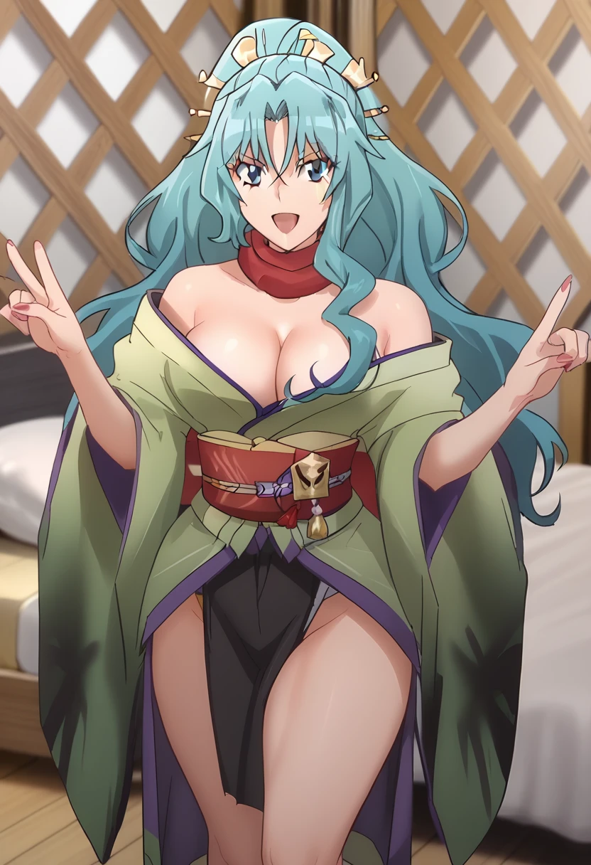 masterpiece, Highest quality, 1 person,( Large Breasts, Are standing, View your viewers,),Detailed Background、A person who writes in detail、Accurate human body、Knowledgeable person、Accurate 5 fingers、Mature Woman,Thick thighs,Cruby Body,tomoe,hair ornament, japanese clothes, kimono, cleavage,
