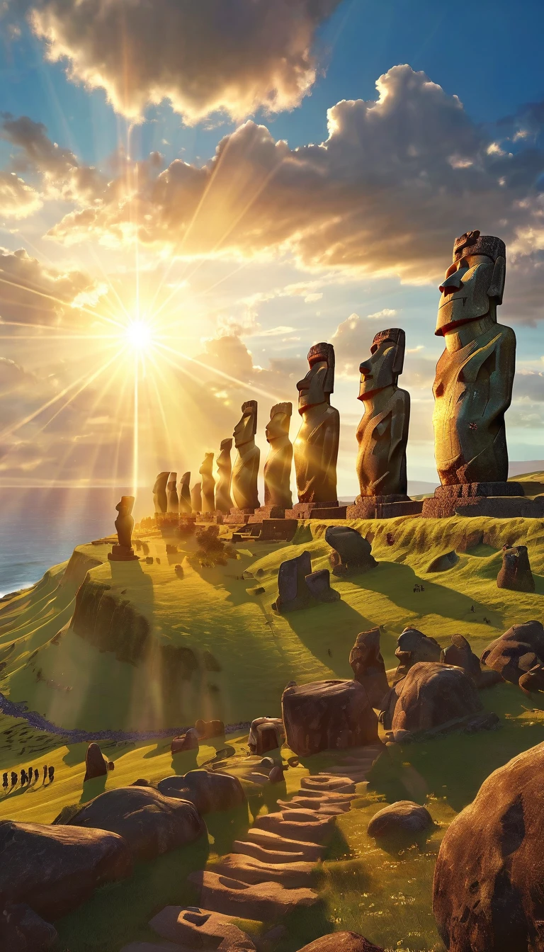 A stunning photo of the giant gold-hued Moai statues of Easter Island、A dazzling light that paints everything in gold、god々area、Digital Art, The clouds clear and the shining sun appears, On Ascension Day，Golden Sun、Sky City、god々Utopian、There is one relic。Lens flare、Angel Ladder、Super Detail，Highest quality，masterpiece，（8K)，Very detailed，A wonderful work of art，The picture is clear，Golden light on background